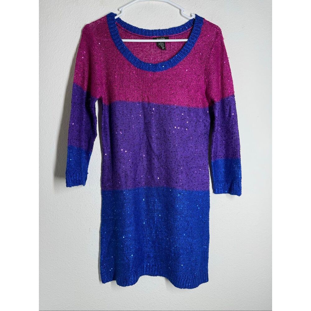 Manifesto Women’s Wide Strip Sweater Sequins Trim Size L Blue Pink See Notes